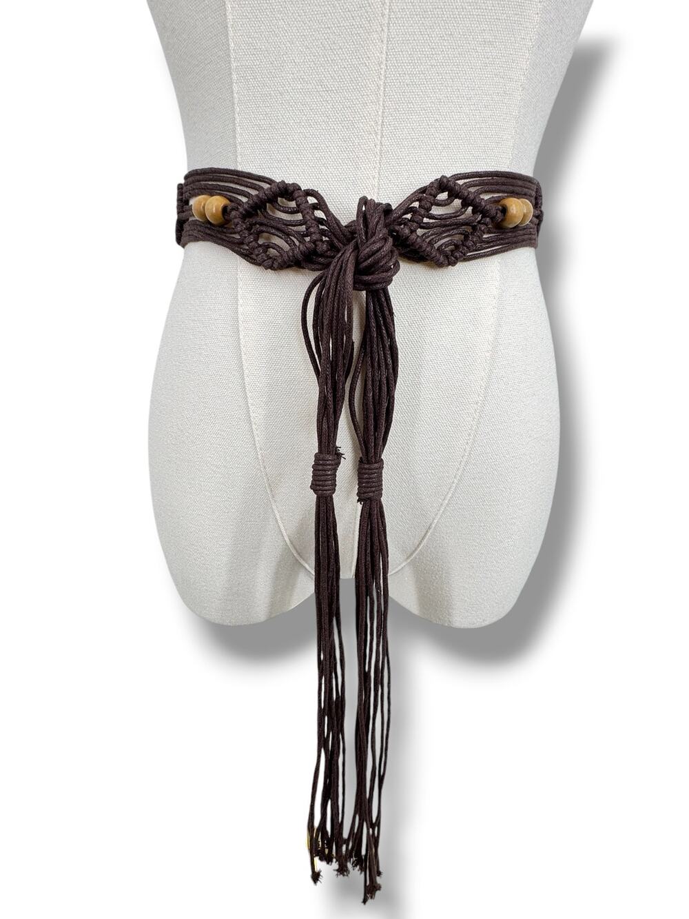 Women's tie belt macrame beaded woven rope tassel boho hippie chocolate brown